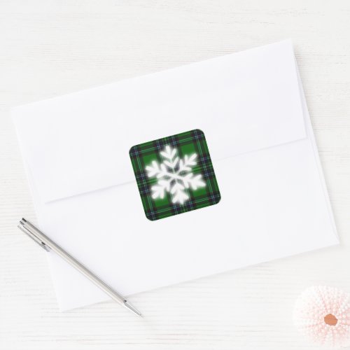 Green and Black Plaid with snow flake detail Square Sticker