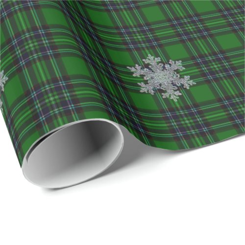 Green and Black Plaid with snow flake detail Wrapping Paper