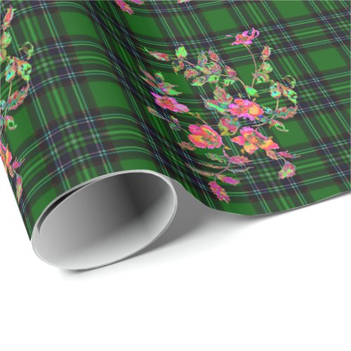 Green and Black Plaid with vintage roses Wrapping Paper