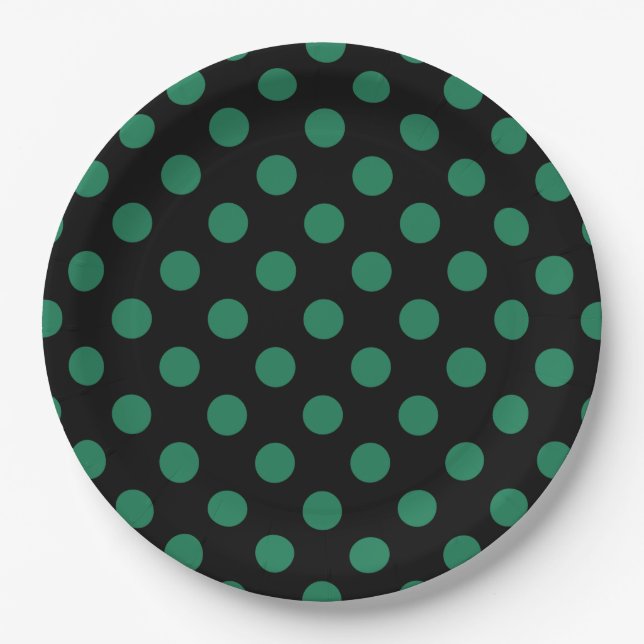 Green and black polka dots paper plates (Front)
