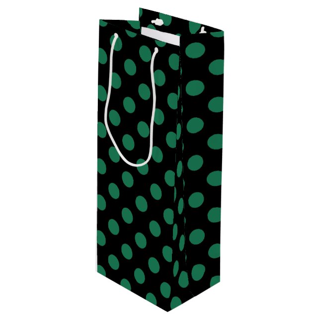 Green and black polka dots wine gift bag (Front Angled)