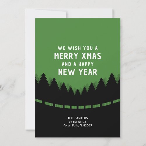 Green and black retro Merry Xmas with pine trees Card