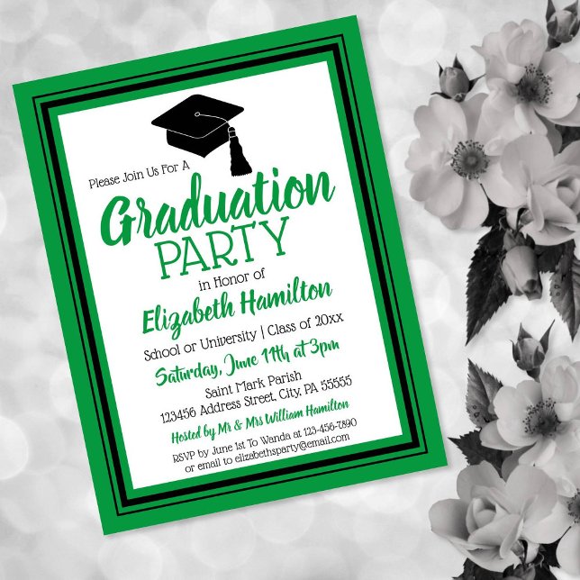 Green and Black School Colors Grad Party Invitation Postcard (Creator Uploaded)