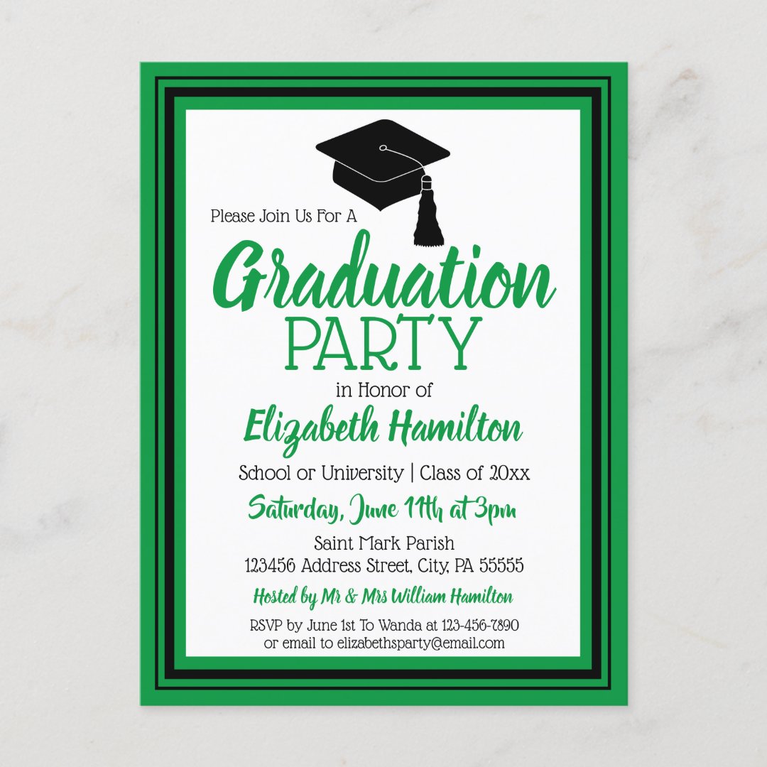 Green and Black School Colors Grad Party Invitation Postcard Zazzle