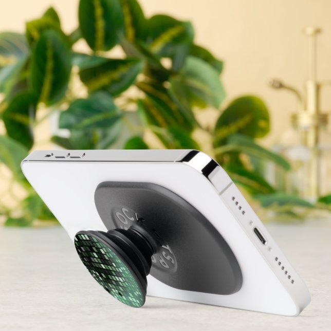 Green and black shiny disco ball PopSocket (Insitu)