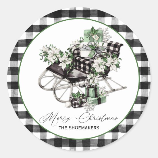 Green and Black Sleigh Buffalo Check Packages Classic Round Sticker