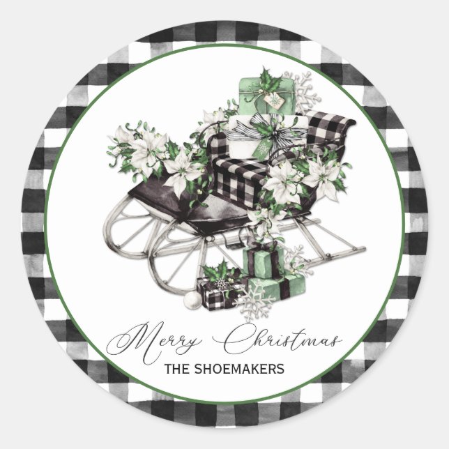 Green and Black Sleigh Buffalo Check Packages Classic Round Sticker (Front)