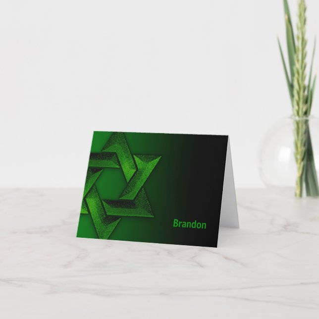 Green and Black Star of David Thank You Note Card (Front)
