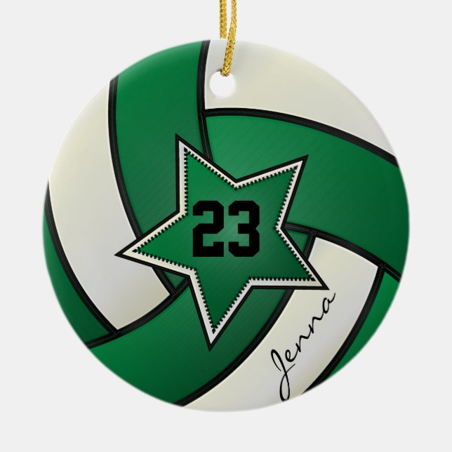 Green and Black Star Volleyball Ceramic Ornament (Front)