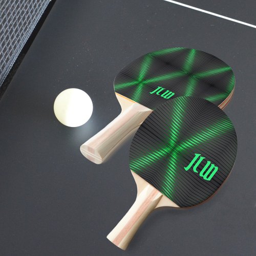 Green and Black Stripe Techno with Initials Ping Pong Paddle