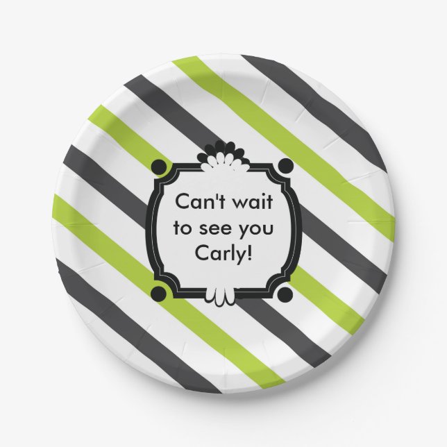 Green and Black Striped Baby Shower Paper Plates (Front)