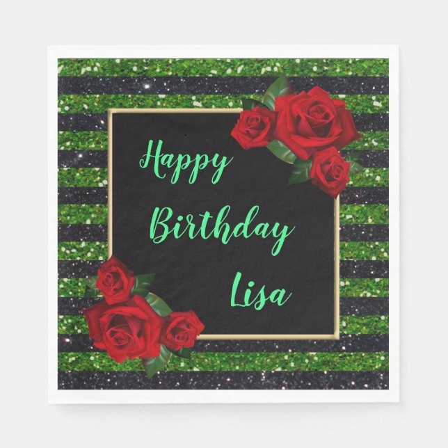 Green And Black Stripes Glitter Red Roses Birthday Napkins (Front)
