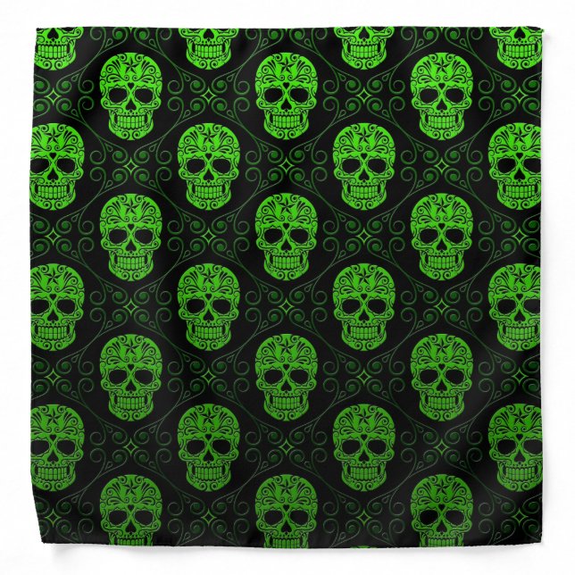 Green and Black Sugar Skull Pattern Bandana (Front)