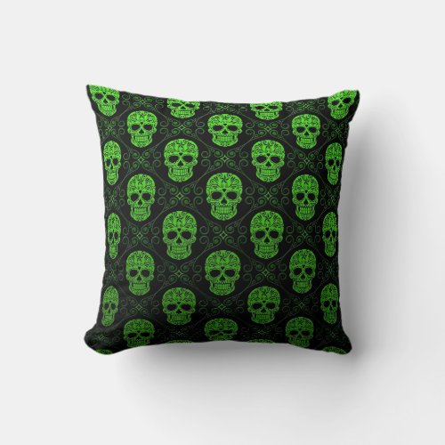Green and Black Sugar Skull Pattern Throw Pillow