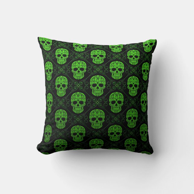 Green and Black Sugar Skull Pattern Throw Pillow (Front)
