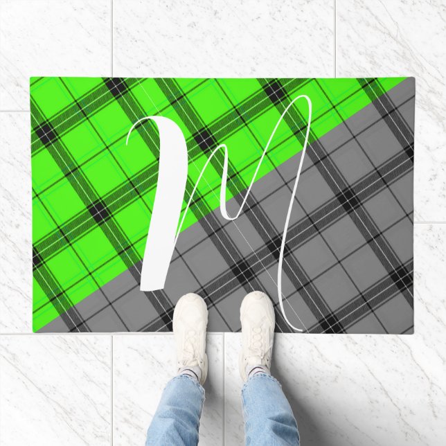 Green And Black Tartan Fabric - Name Monogrammed Doormat (Indoor)