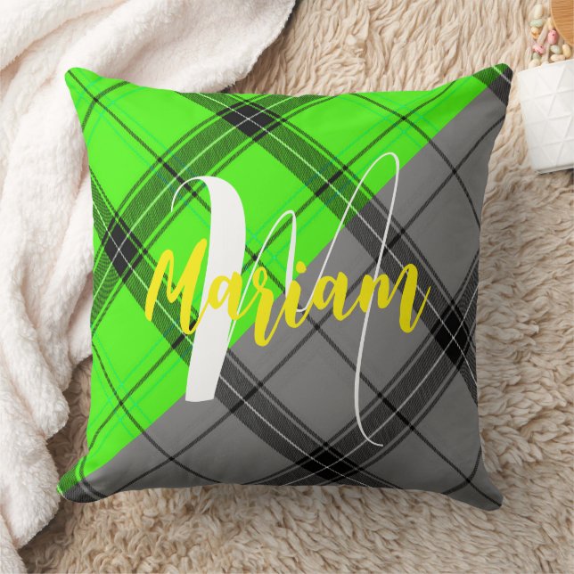 Green And Black Tartan Fabric - Name Monogrammed Throw Pillow (Blanket)