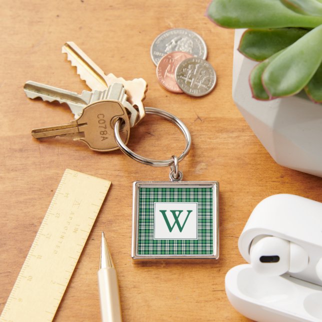 Green and Black Tartan Plaid Monogram Keychain (Desk)