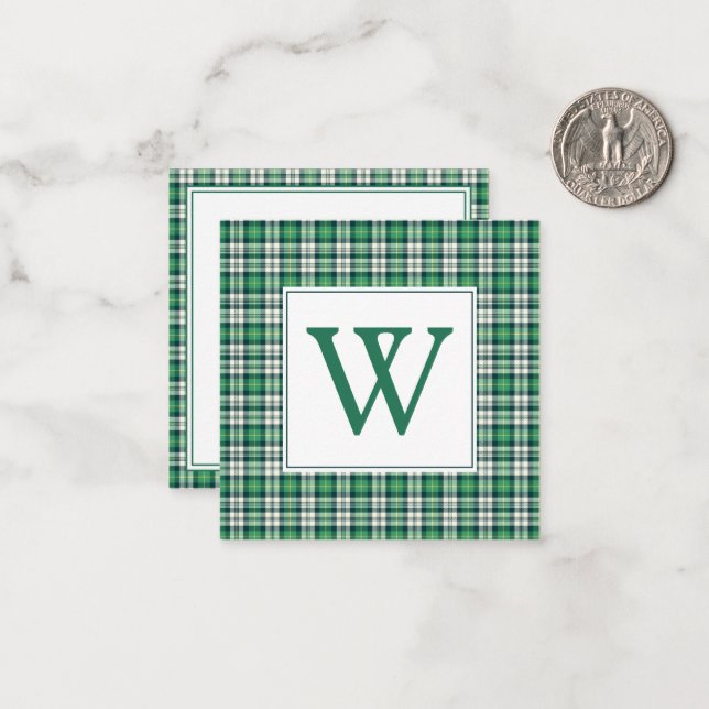 Green and Black Tartan Plaid Monogram Note Card (Front/Back In Situ)