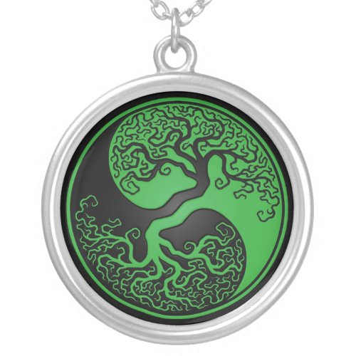 Green and Black Tree of Life Yin Yang Silver Plated Necklace