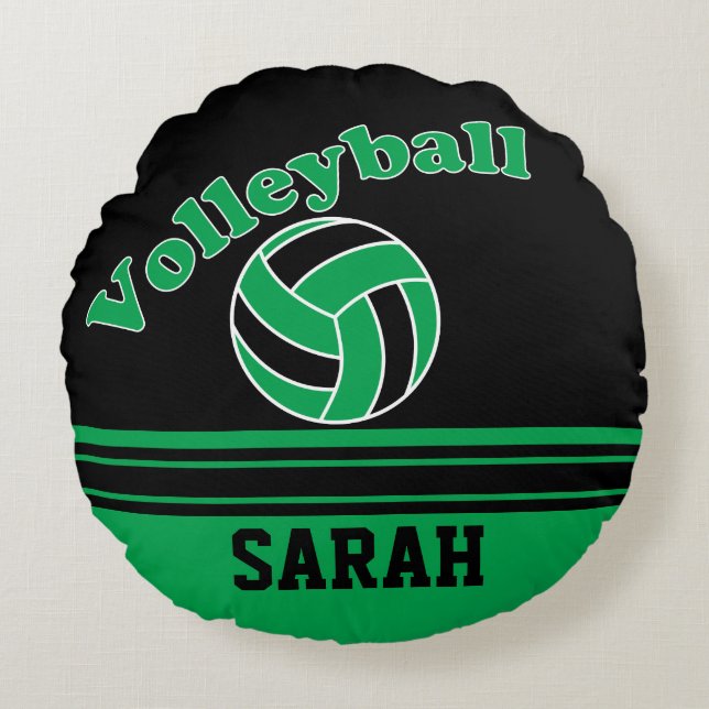 Green and Black Volleyball | Personalize Round Pillow (Front)