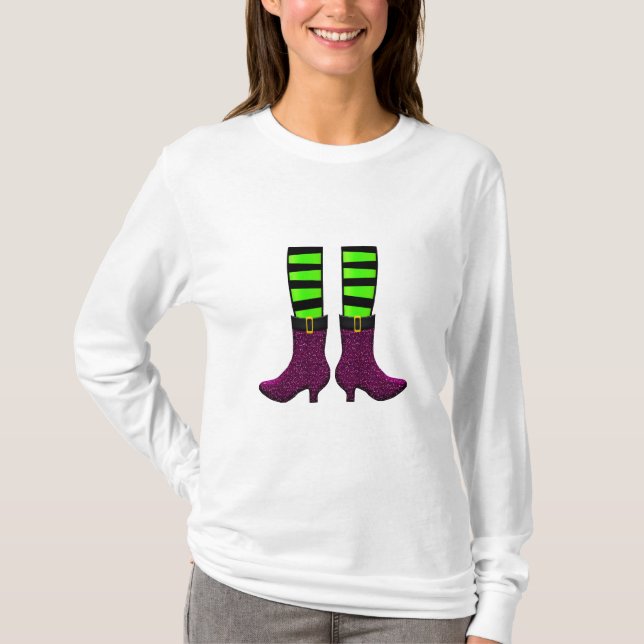 Green and Black Witches Legs with Purple Boots T-Shirt (Front)