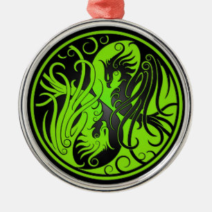 Green and Black Yin Yang Phoenix Metal Ornament