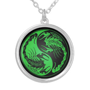 Green and Black Yin Yang Scorpions Silver Plated Necklace