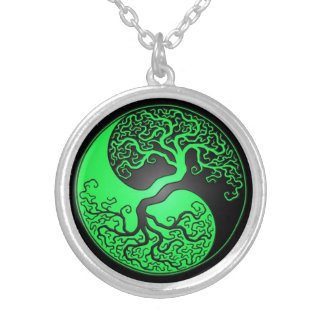 Green and Black Yin Yang Tree Silver Plated Necklace