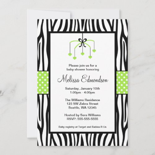 Green and Black Zebra Heart Mobile Baby Shower Personalized Invitations