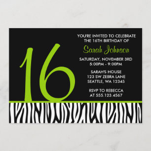 Green and Black Zebra Sweet 16 Number Birthday Invitation