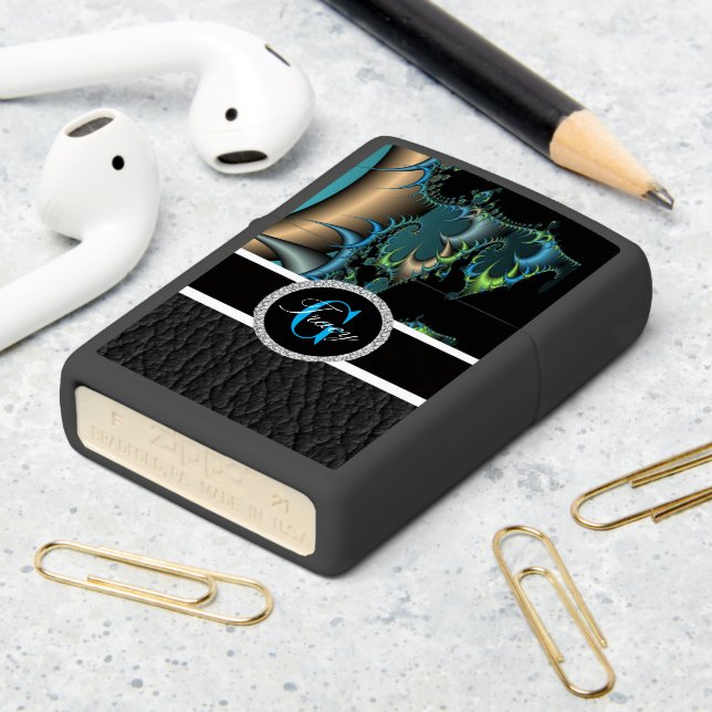 Green And Blue Abstract Monogram 12 Zippo Lighter (On Table 2)