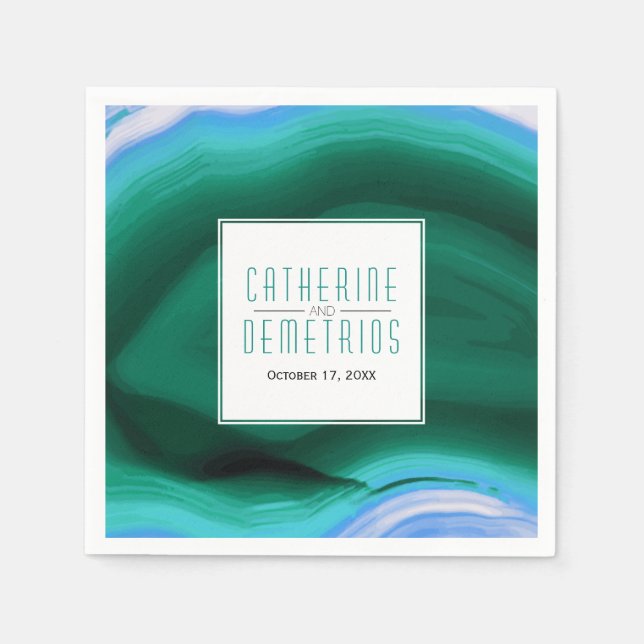 Green and blue agate slice and frame wedding napkins (Front)