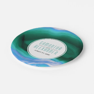 Green and blue agate slice and frame wedding paper plates