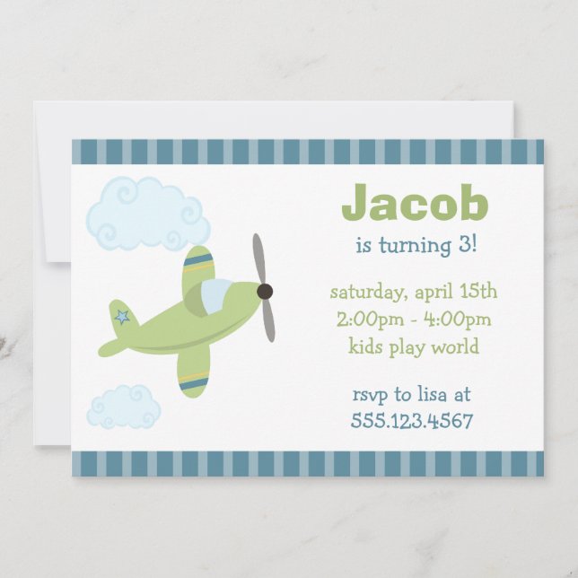 Green and Blue Airplane Birthday Party Invitations (Front)