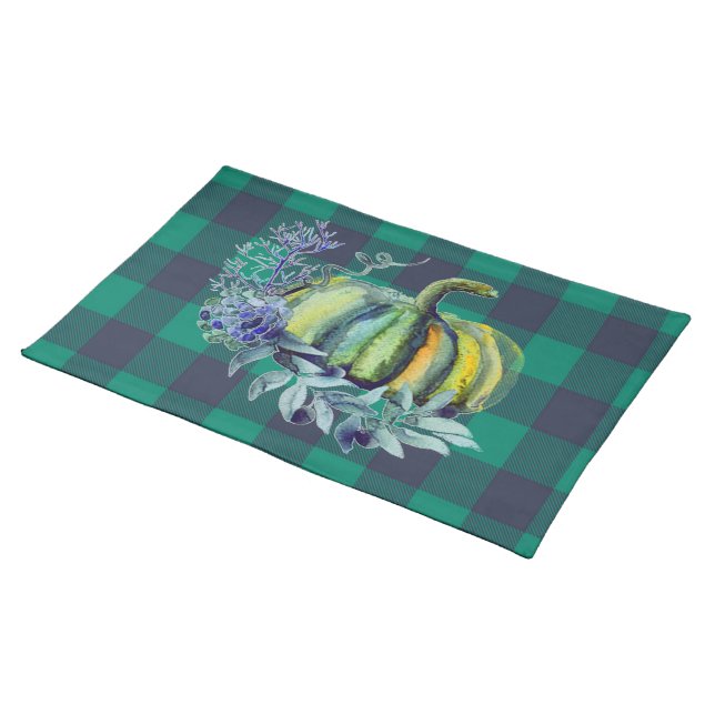 Green and Blue Autumn Plaid Pumpkin Cloth Placemat (On Table)