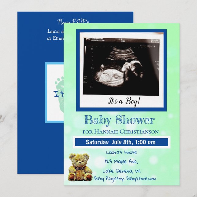 Green and  Blue Baby Boy Ultrasound Baby Shower Invitation (Front/Back)