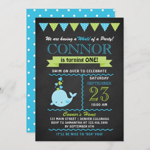 Green and Blue Baby Whale Birthday Party Invite