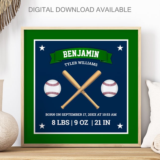 Green and Blue Baseball Bats and Balls Birth Stats Poster (Creator Uploaded)