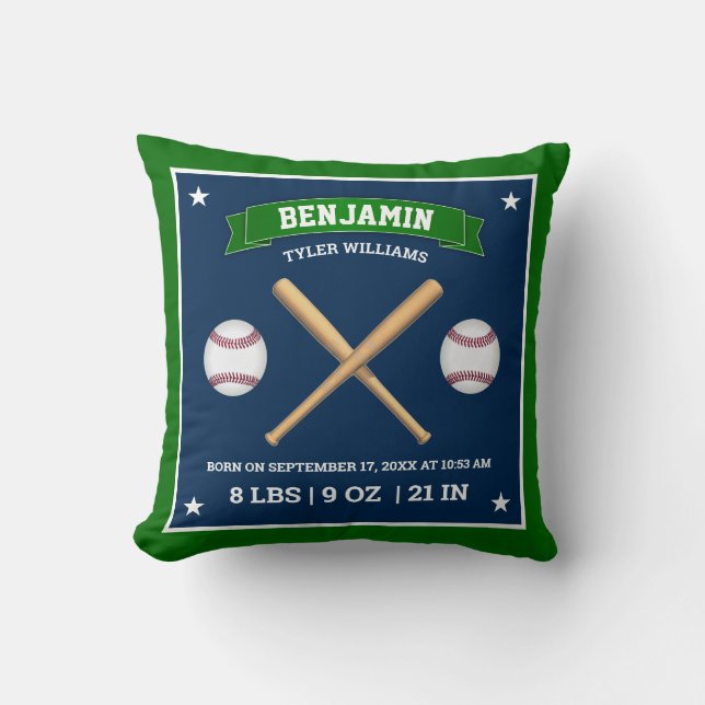 Green and Blue Baseball Bats and Balls Birth Stats Throw Pillow (Front)