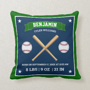 Green and Blue Baseball Bats and Balls Birth Stats Throw Pillow