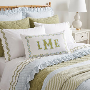Green and Blue Bespoke Scalloped Monogram Lumbar Pillow