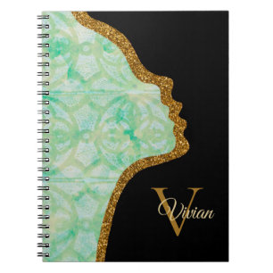 Green And Blue Black And Gold Glitter Face Notebook