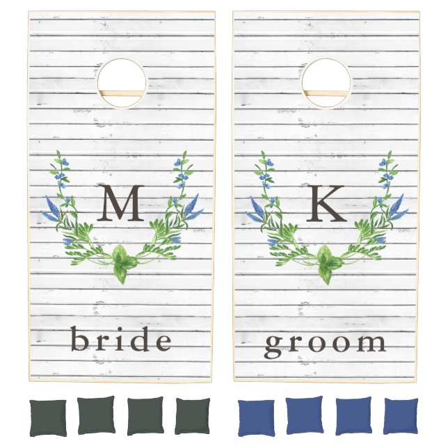 Green and Blue Botanical Leaves on White Wood Look Cornhole Set (Set)