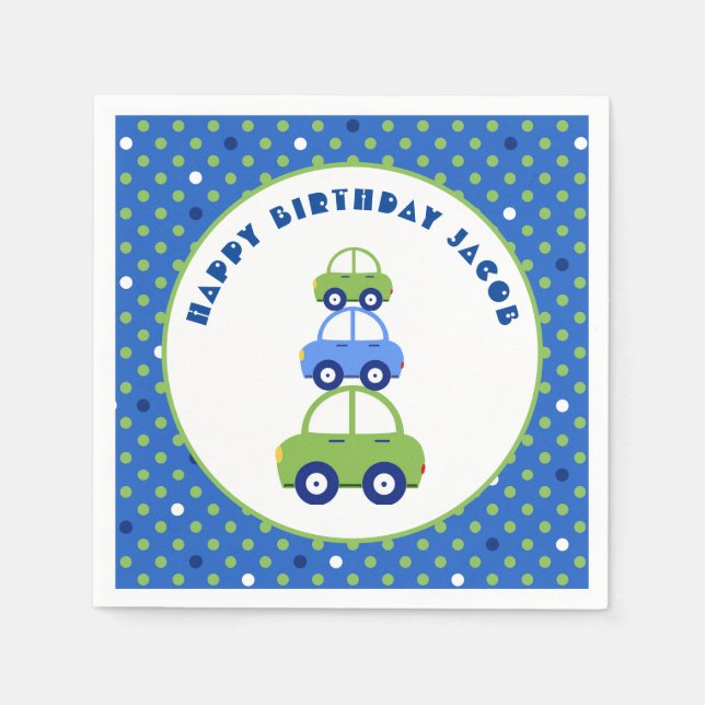 Green and Blue Car Kids Birthday Napkins (Front)