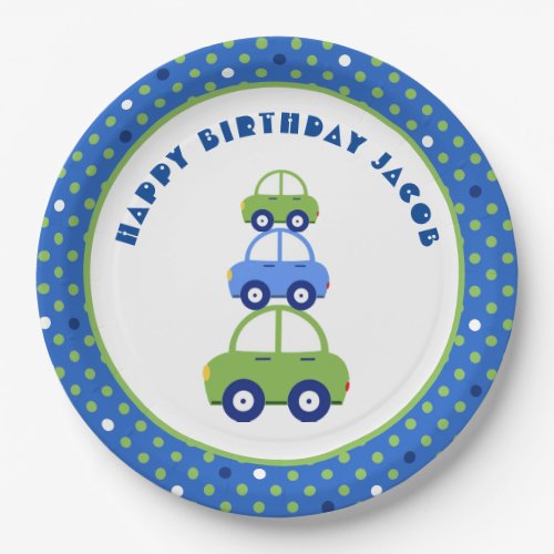 Green and Blue Car Kids Birthday Paper Plates