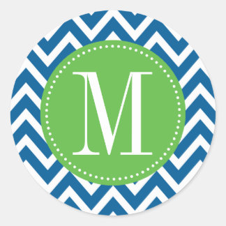 Green and Blue Chevron Custom Monogram Classic Round Sticker