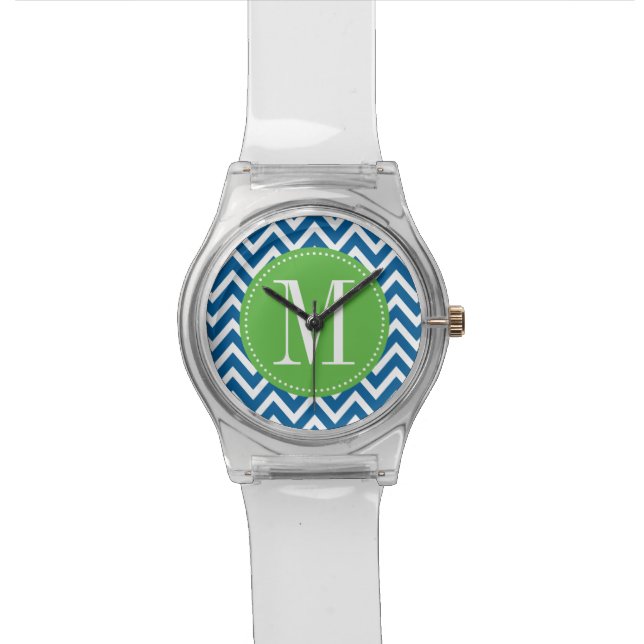 Green and Blue Chevron Custom Monogram Wristwatch (Close Up)