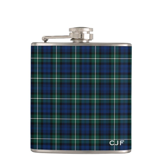 Green and Blue Clan Forbes Tartan Monogram Flask (Front)