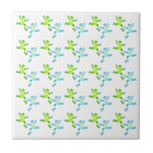 Green and Blue Dancing Frogs Pattern Ceramic Tile